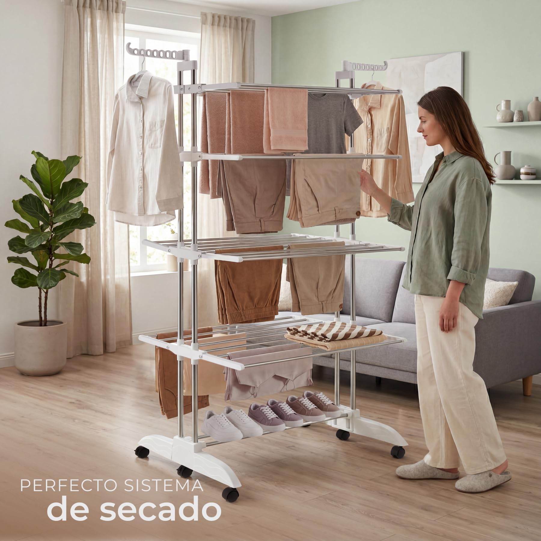 tectake® Tendedero de Torre 4 Pisos Plegable con Ruedas y Alas Abatibles