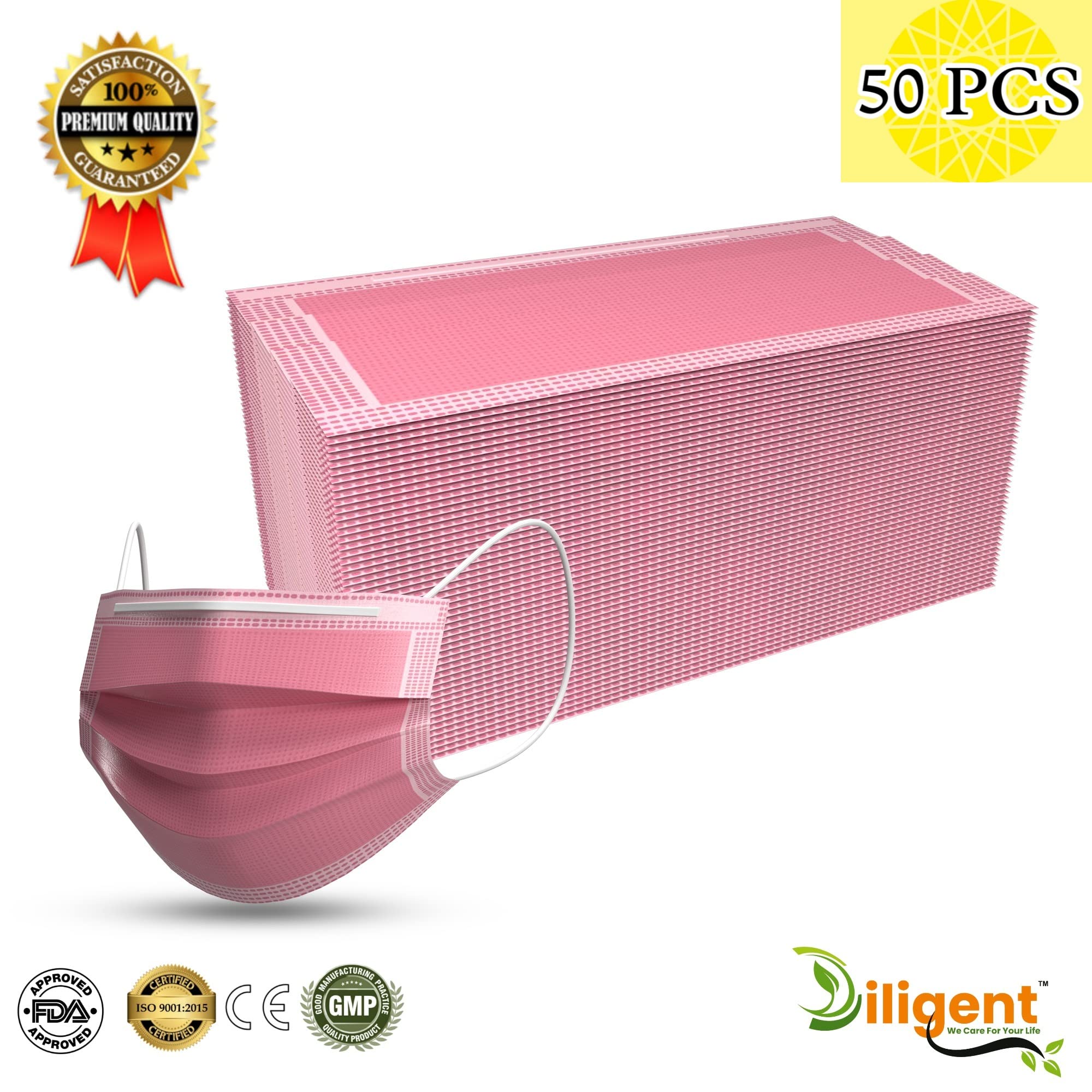 Diligent- We Care For your Life® Disposable 3-Layer Protective Face Mask for Adults | Non-Woven Surgical Mask with Adjustable Nose Strip & Soft Ear Loops | High Bacterial Filtration | Pack of 50-Pink 1