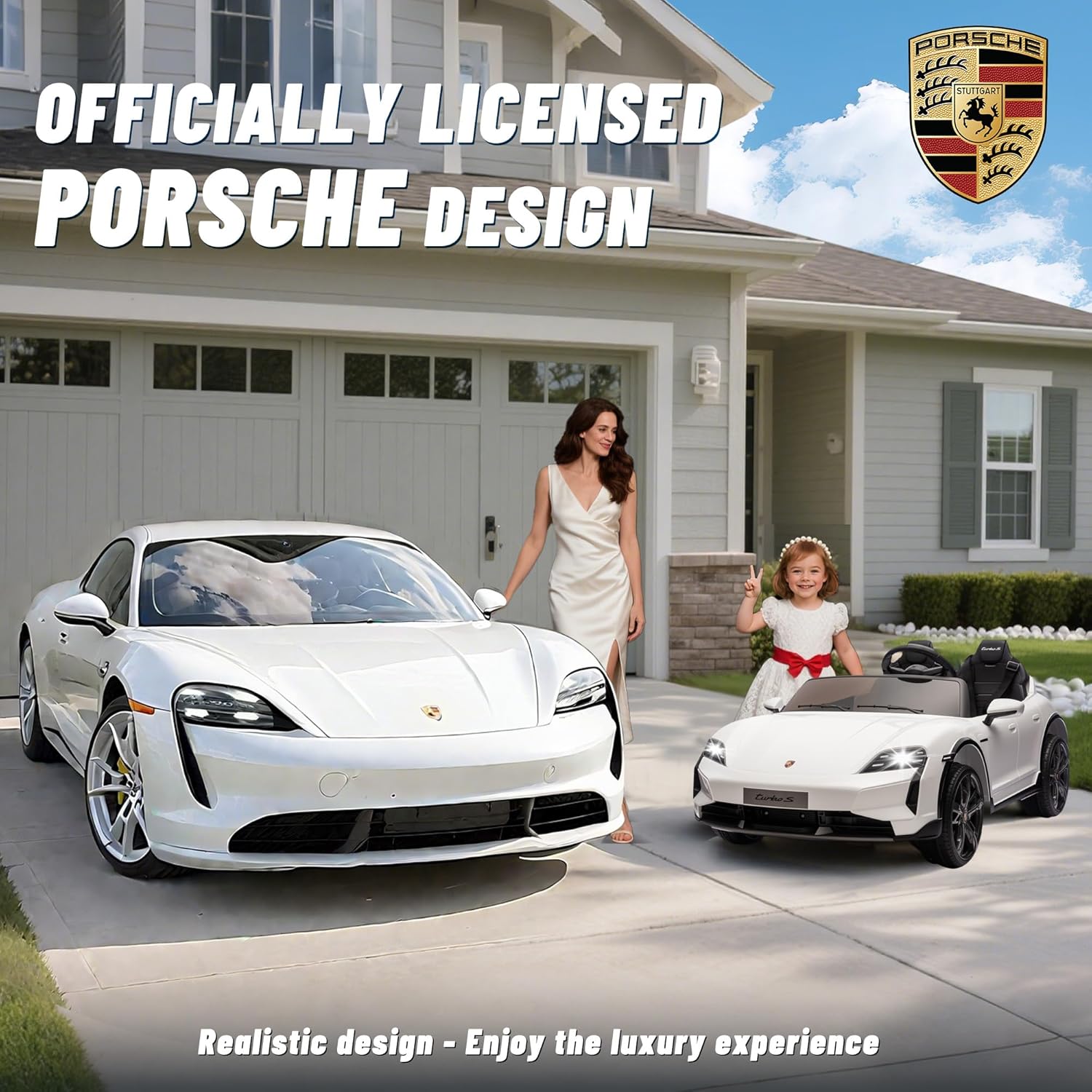 FORESEE Kids 24V 2-Seater Electric Ride On Car, 24V Licensed Porsche Taycan Turbo S Electric Power Ride On Car w/ 132lb Weight Capacity, Parent Control, MP3 Music, LED Lights - White