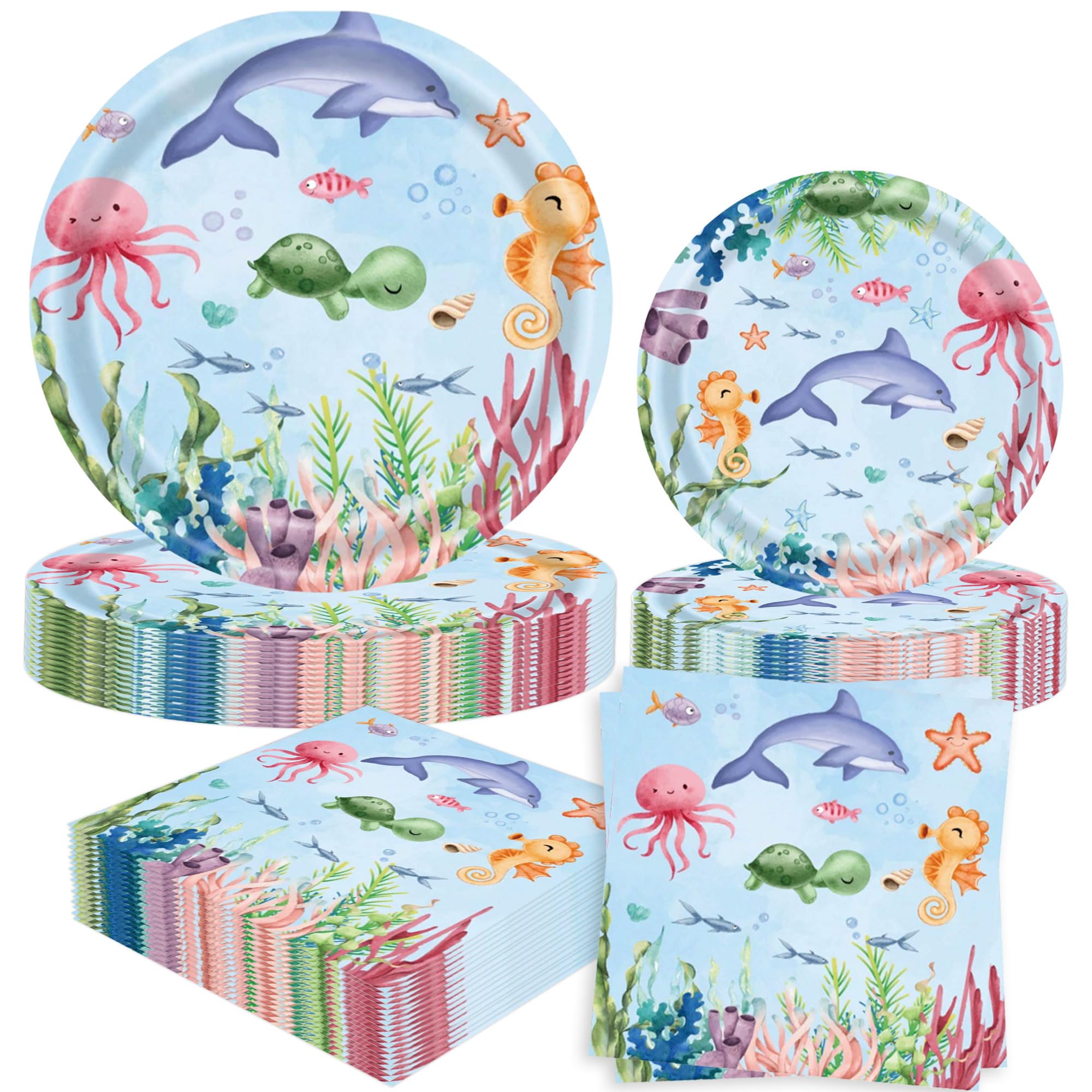52PCS Ocean Plates and Napkins Under The Sea Decorations for 16 Guests