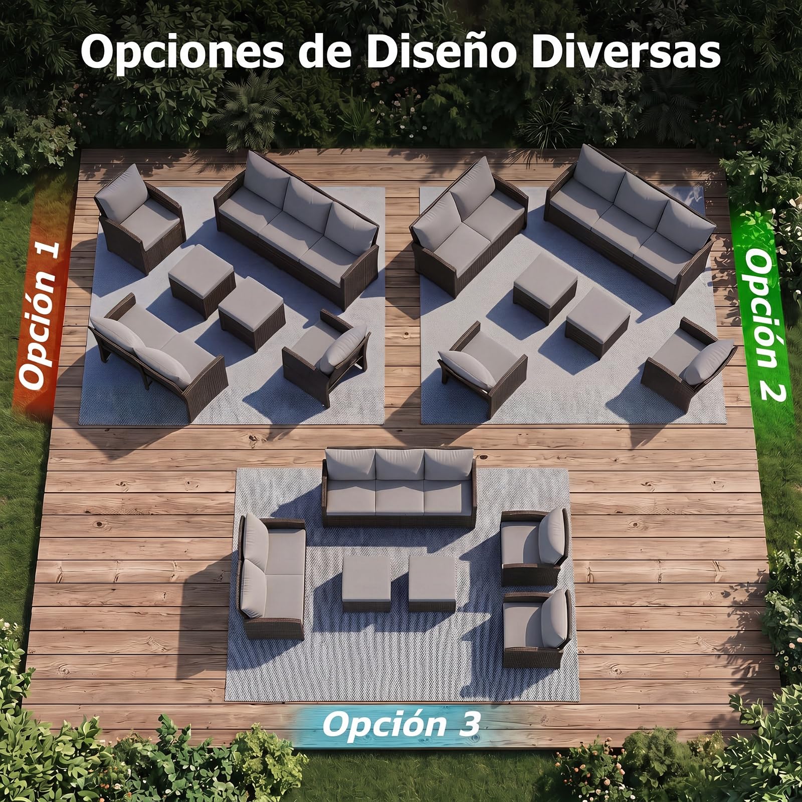 COSTWAY Conjunto Jardín de Ratán de 6 Piezas, Muebles Jardín Exterior con 2 Sofás, 2 Sillones, 2 Reposapiés, 16 Cojines Acolchados, Juego de Conversación para Terraza, Patio, Piscina (Gris)