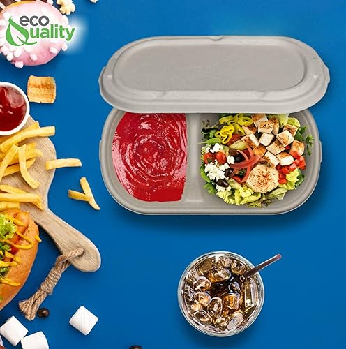 Miniatura 7 de Cuencos desechables de 29 onzas con tapas de fibra, 2 compartimentos rectangulares compostables, cuencos de papel biodegradables de caña de azúcar,