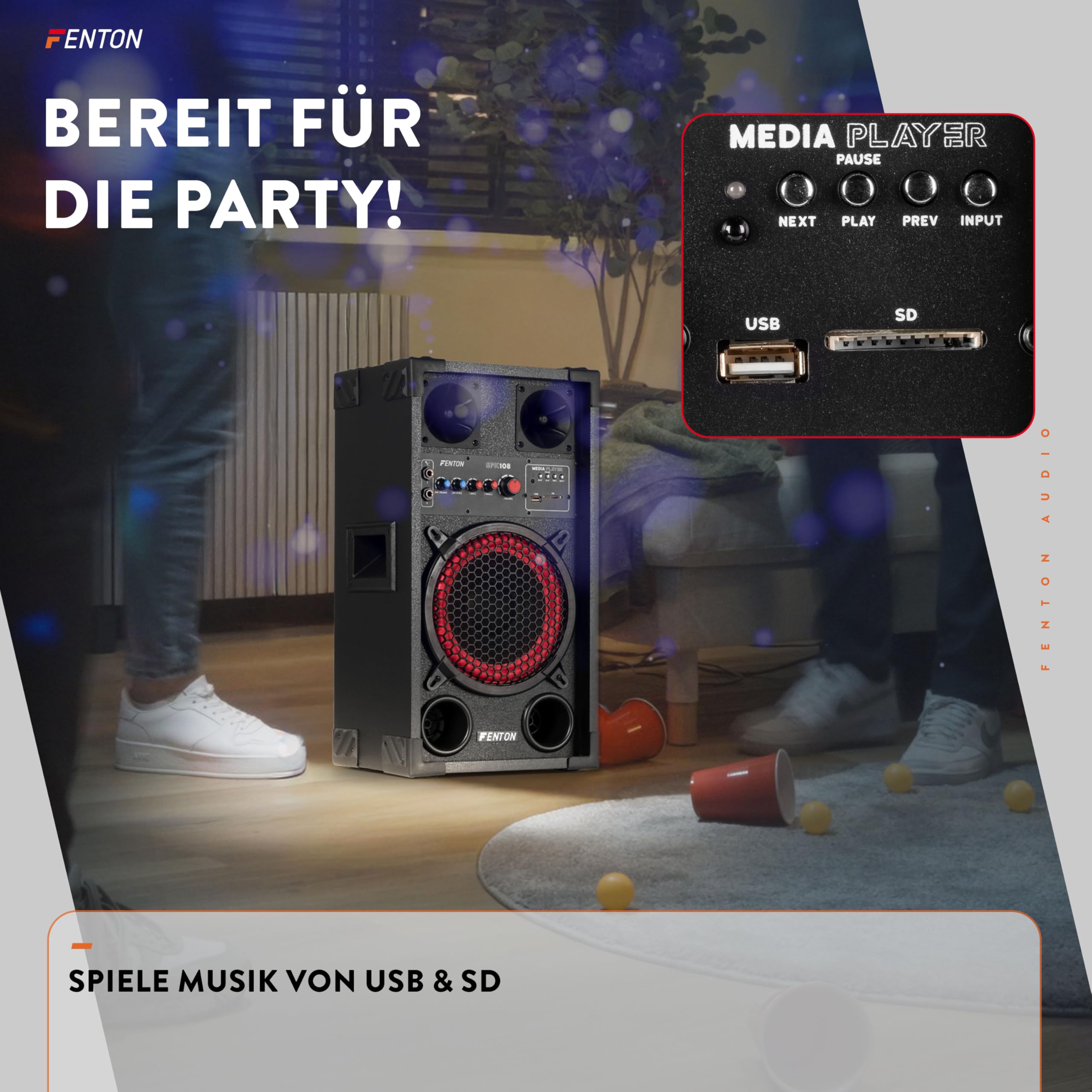 Fenton SPK-108 PA Anlage Aktiv Komplettset 400 Watt – Party Lautsprecher Paar mit Bluetooth & USB – DJ Anlage Boxen Musik – 8" Woofer Standlautsprecher – Musikbox Groß für Karaoke & Events
