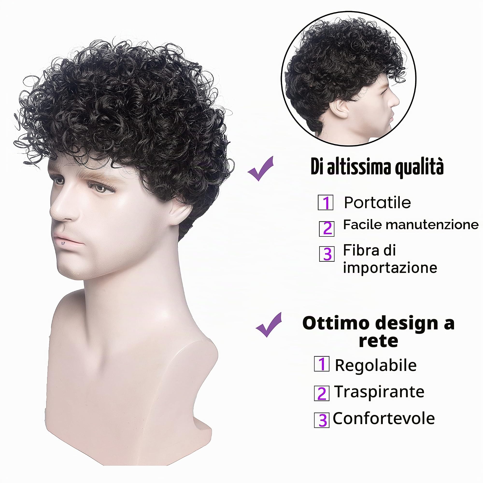 MEIRIYFA Parrucca da uomo Corta Ricci Ondulati Parrucche - Parrucca Cosplay per maschio Quotidiano Costume Partito (Nero)