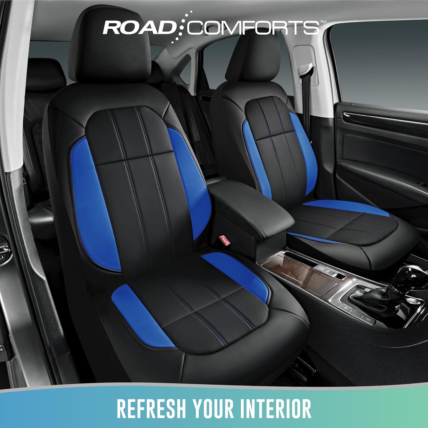 Road Comforts Car Seat Covers, Breathable Leather Seat Covers, Car Seat Covers Front Seats Airbag Compatible, Automotive Seat Covers for Most Cars, Vans, Trucks, SUV-Blue