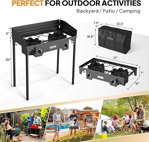Miniatura 6 de ROVSUN Estufa de gas propano para exteriores de 2 quemadores con panel de viento, bolsa de transporte y regulador, cocina de soporte de 150,000 BTU