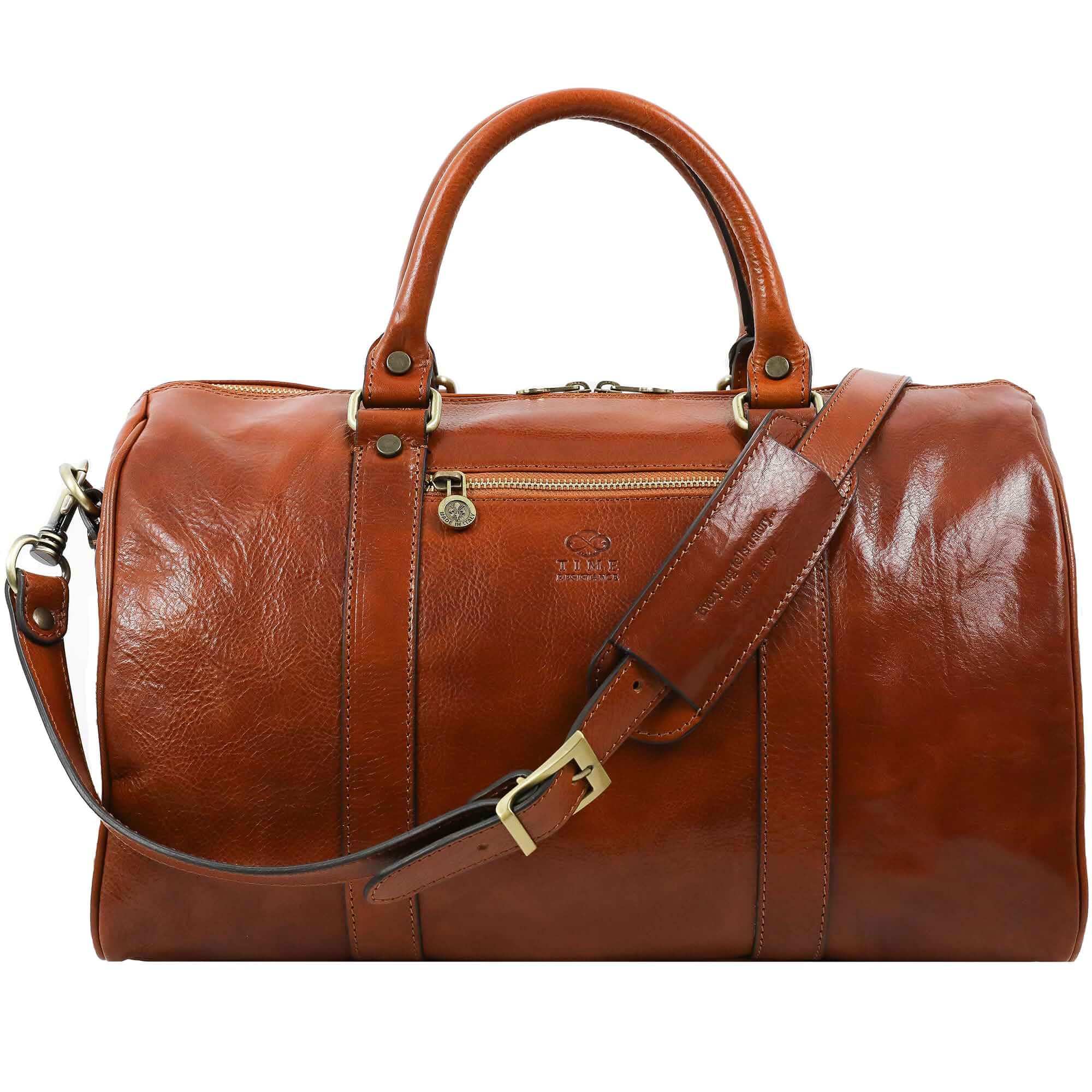 Time Resistance Full Grain Leather Small Duffel Bag - Gym Weekender Overnight Bag (Cognac Brown)