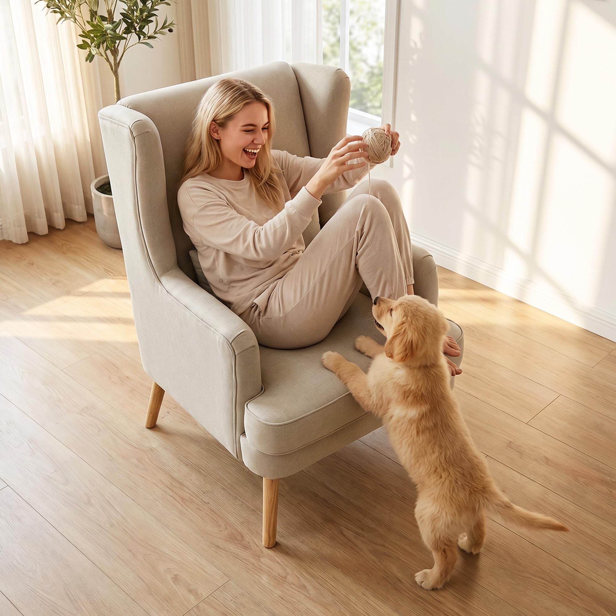 HOMCOM Ohrensessel mit Lendenkissen Hoher Rückenlehne Breitem Sitz Beige