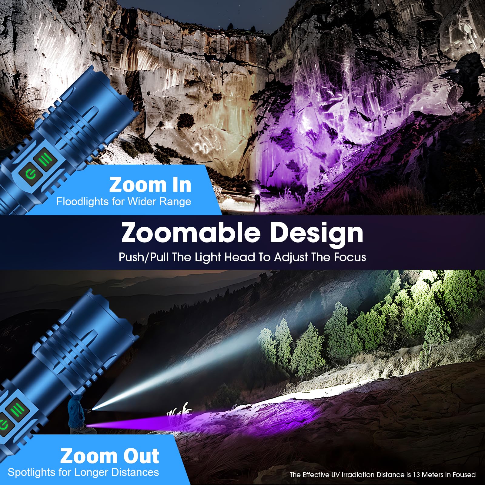 Linternas de luz negra para detección de orina de mascotas, luz negra UV y linterna de lúmenes altos, recargable, impermeable, linterna LED UV táctica para curado de resina, escorpión, camping, azul
