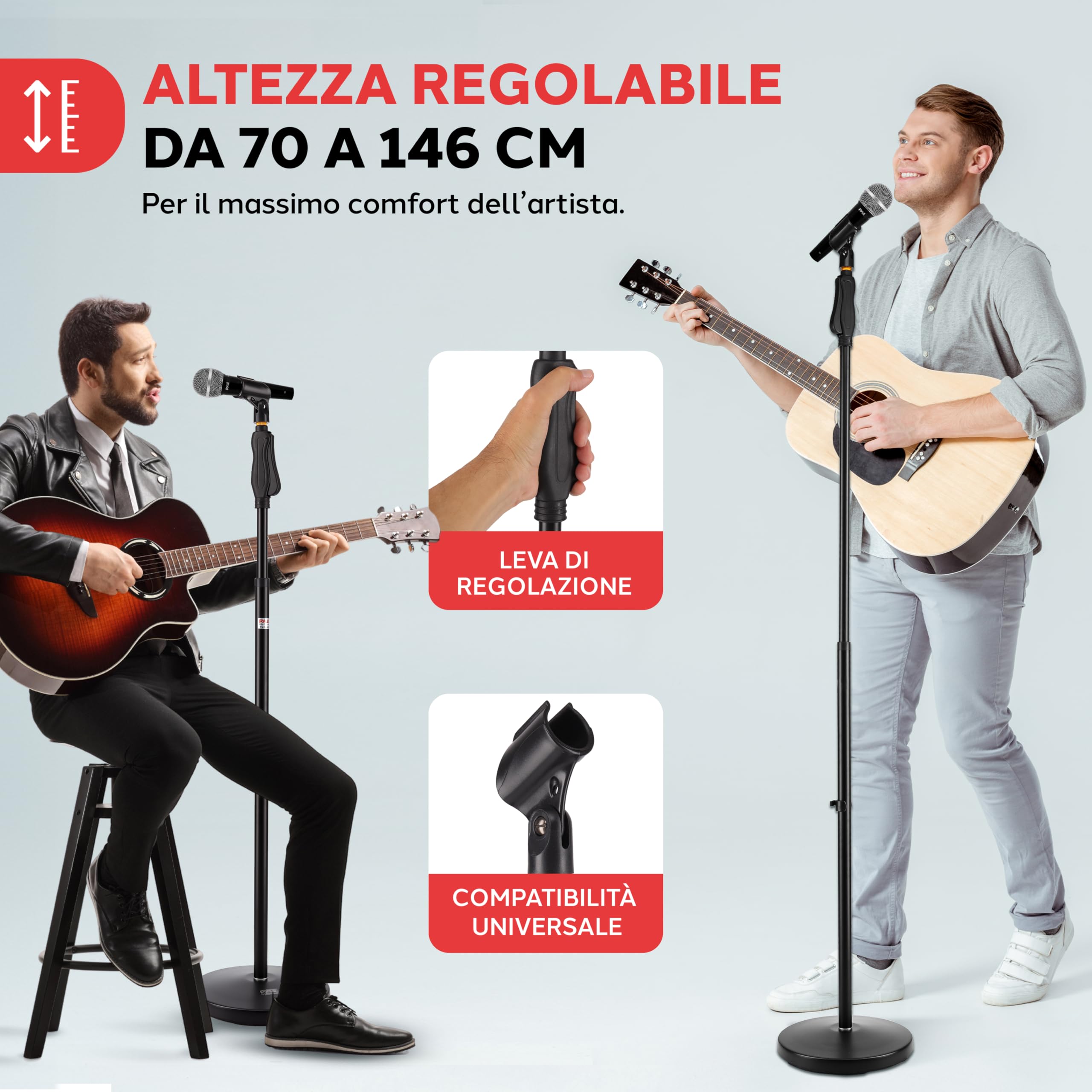 Pyle Asta Microfono, Supporto Microfono Universale M-6, Altezza Regolabile 70-146 cm, Base Rotonda Compatta, Pomello di Serraggio Rapido, Leggero e Resistente