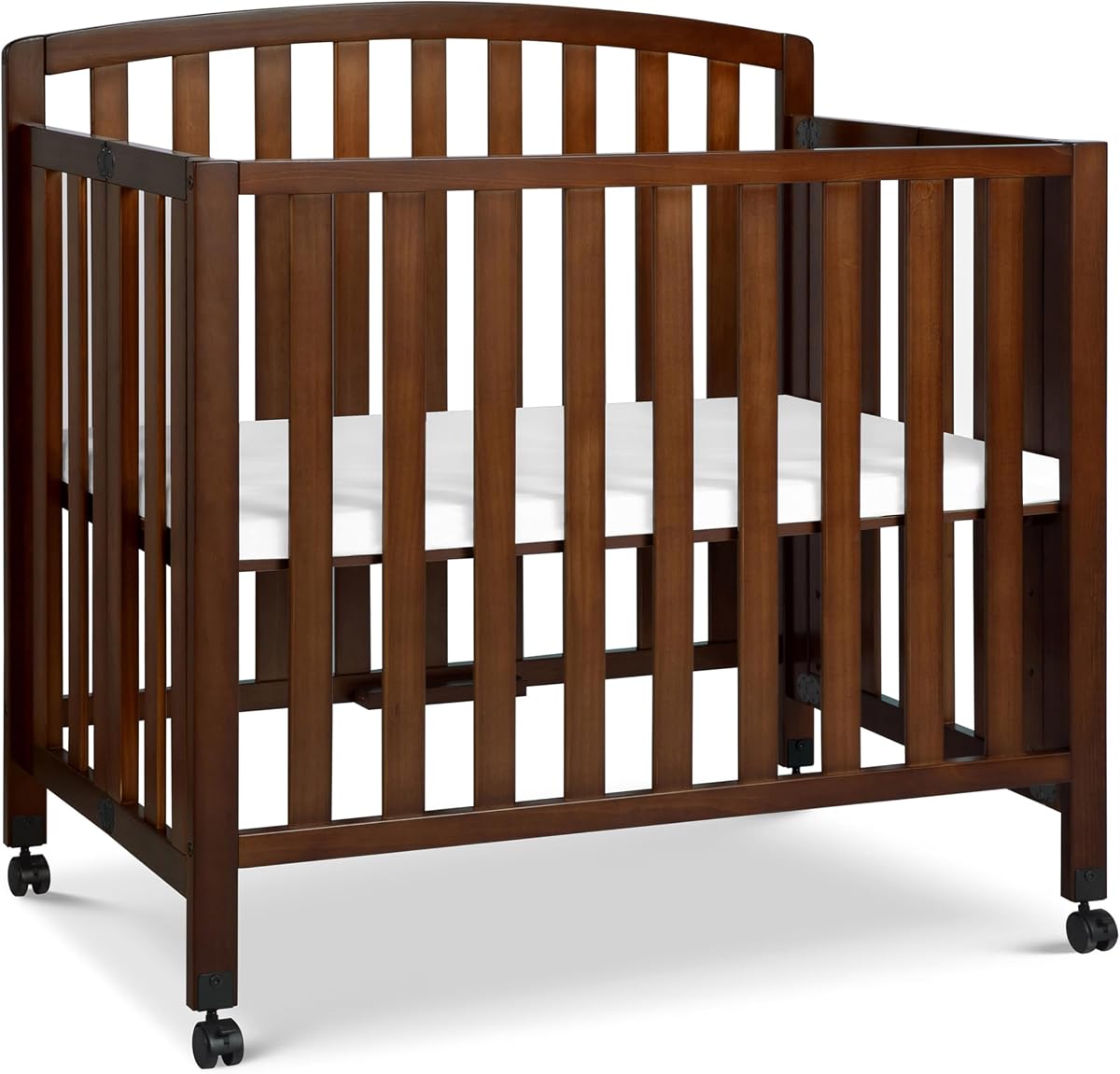 Cuna portátil con ruedas DaVinci Dylan 3 en 1 - Conversión de cama y sofá cama para niños pequeños - Perfecta para espacios pequeños y fácil de montar, certificación GREENGUARD Gold, 4 alturas de colchón ajustables - Espresso | Certificación GREENGUARD Gold - Cuna plegable con ruedas, 4 alturas de colchón ajustables, kit de conversión se vende por separado