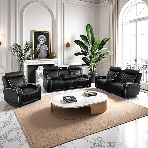 Miniatura 9 de Juego de sillones reclinables eléctricos con luces LED, juego reclinable de cuero acolchado con aire con puerto USB/almacenamiento/portavasos/luz de