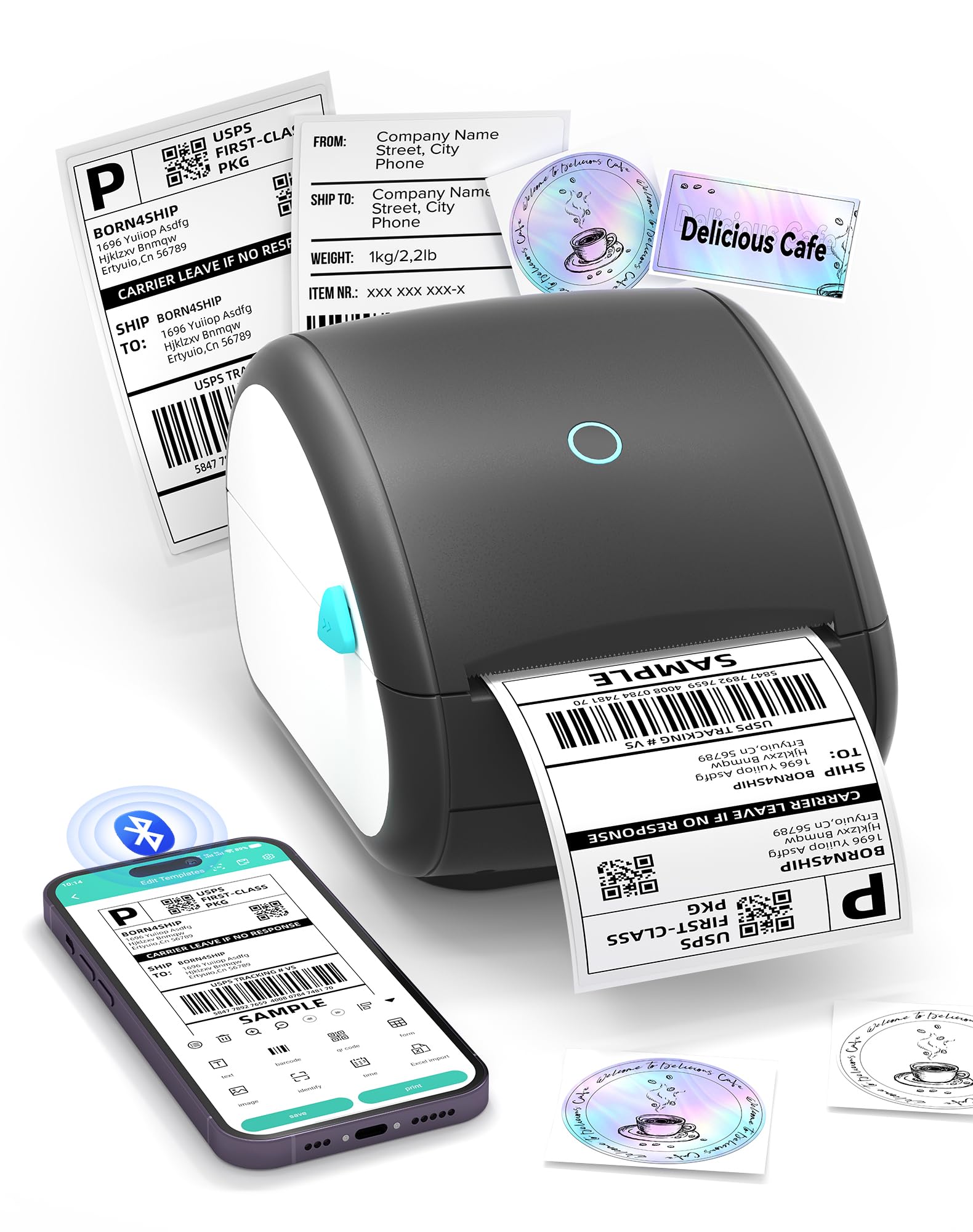 Stampante per Etichette Bluetooth, Stampante per Etichette di Spedizione, 4 x 6 Stampante Termica Stampante Etichette Label Printer Macchina Compatibile con Etsy,DPD, Ups, Otto, DHL