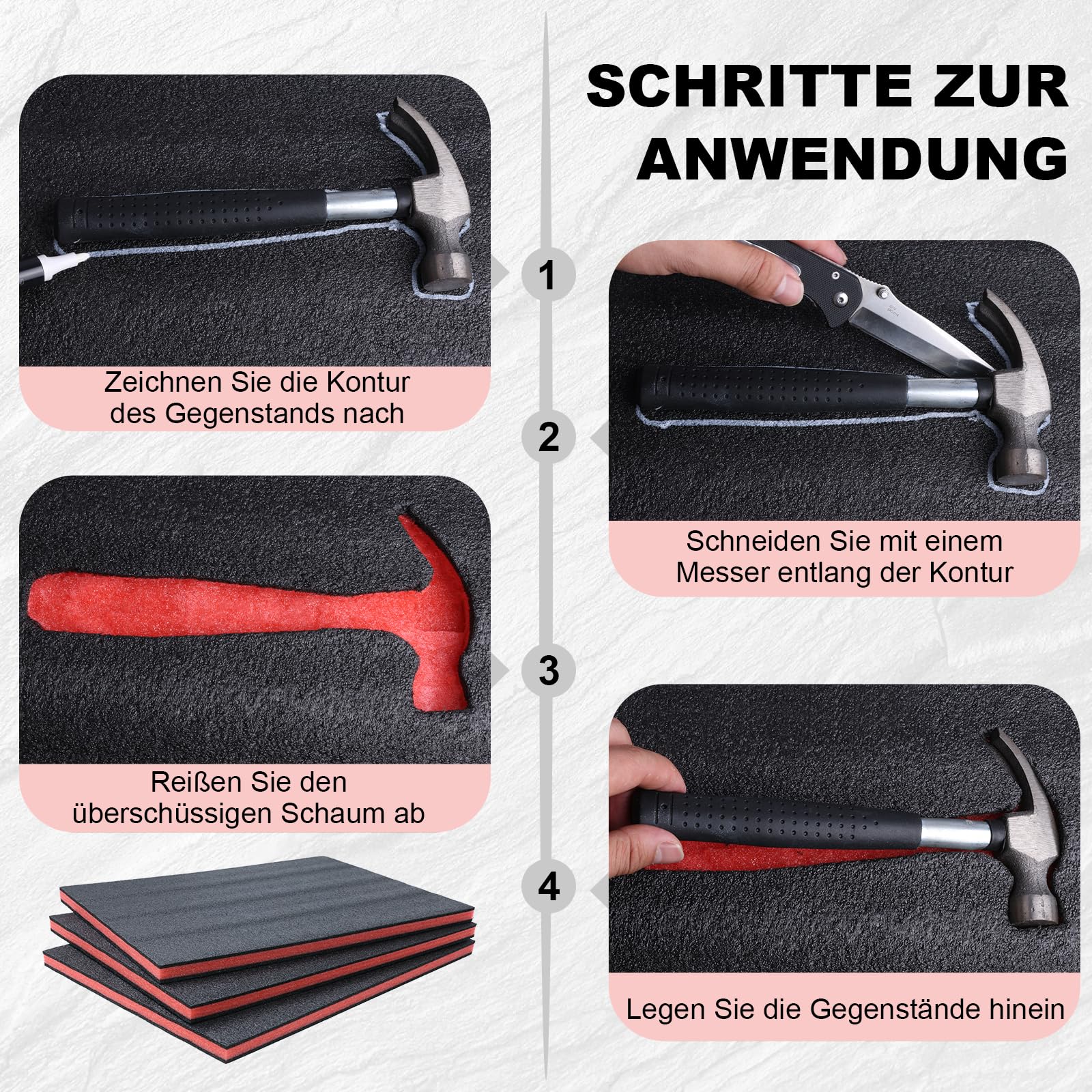Schaumstoffeinlage Werkzeug 407 x 305 x 50mm, 4 Stück Schaumstoff Zuschnitt Schaumstoffeinlage Werkzeug Schaumstoffeinlagen Kamerakoffer Werkzeugkoffer Schaumstoff Werkzeugeinlage