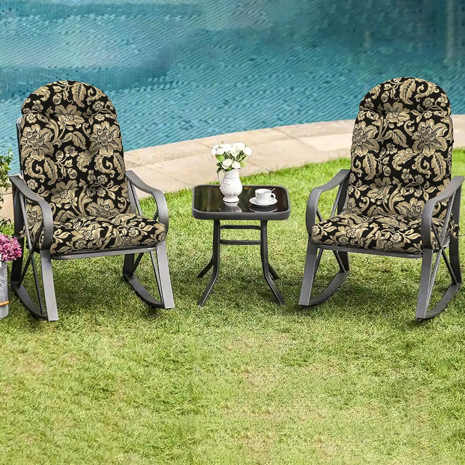 LVTXIII 2 Pack Outdoor Adirondack Chair Cushions, 44x19x4 Inch Water Repellent Patio Cushions for Rocking Chairs, Thick Tufted High Back Seat Cushion Set, Jacobean Black