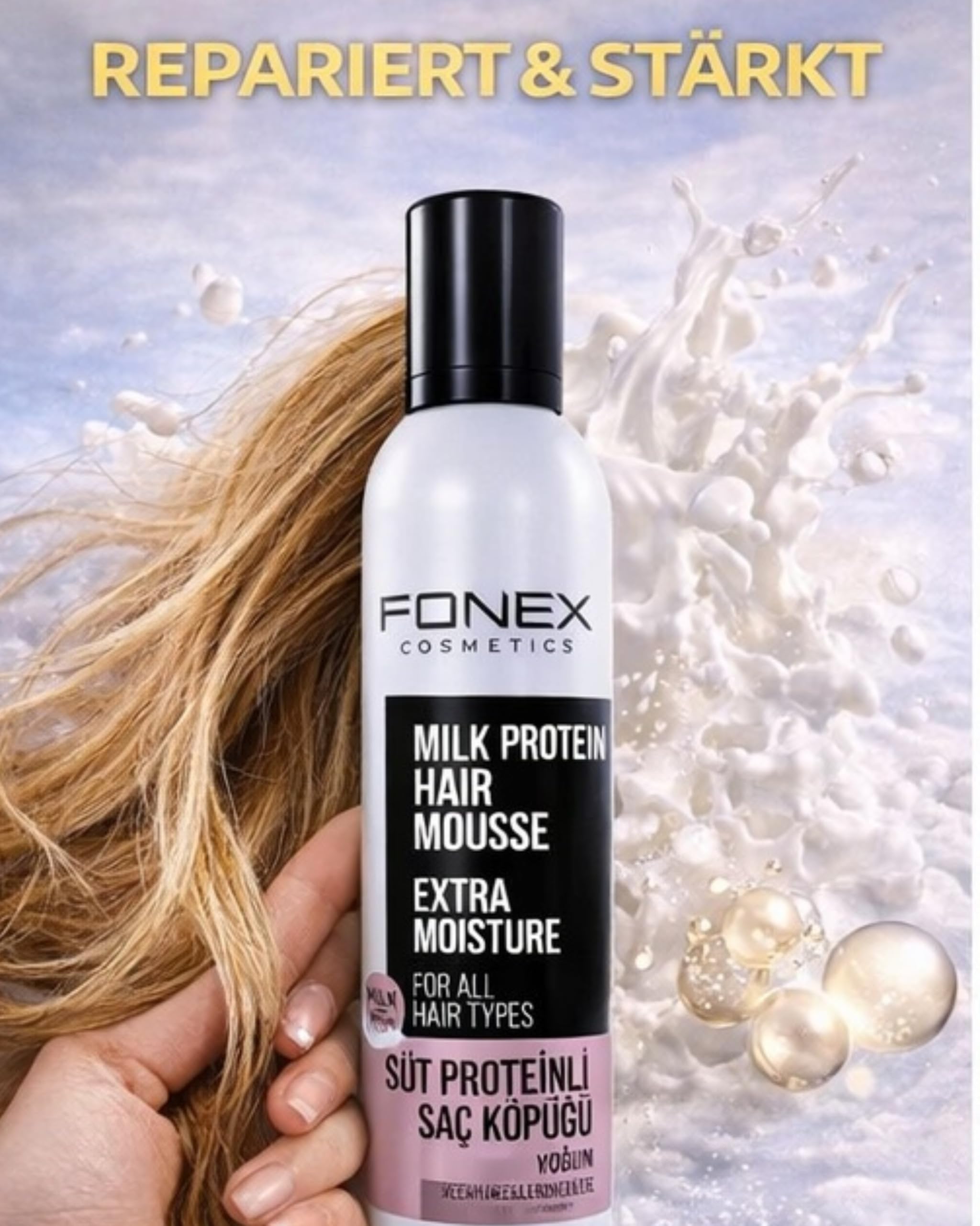 Fonex pianka do włosów – pianka do włosów 300 ml – pianka do włosów zapewnia bardzo mocne trzymanie i objętość – zapobiega puszeniu się włosów bez pozostałości (białko mleczne)