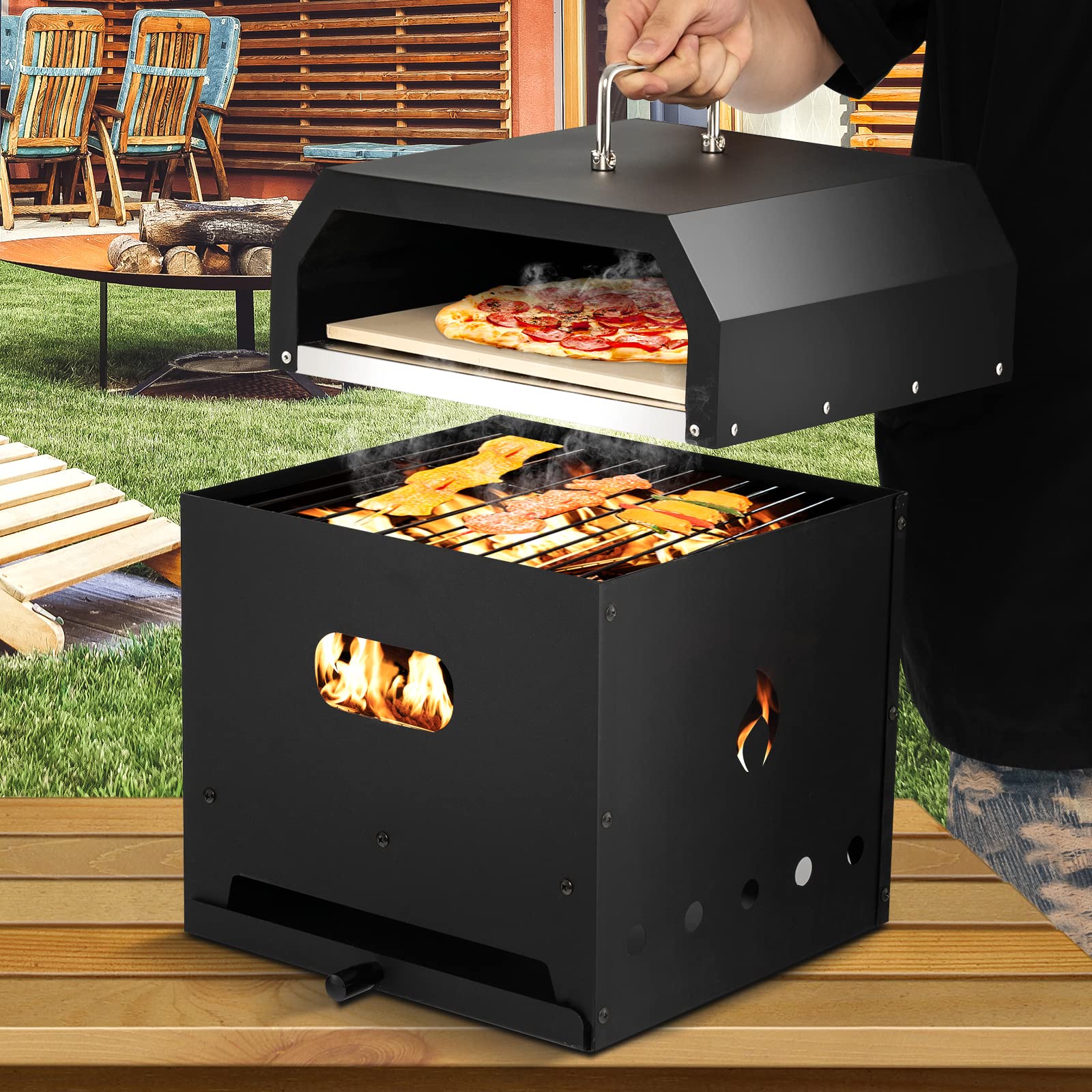 Four à Pizza Extérieur GOPLUS 40cm - 2 Niveaux, Pierre Incluse, Bois/charbon, Portable