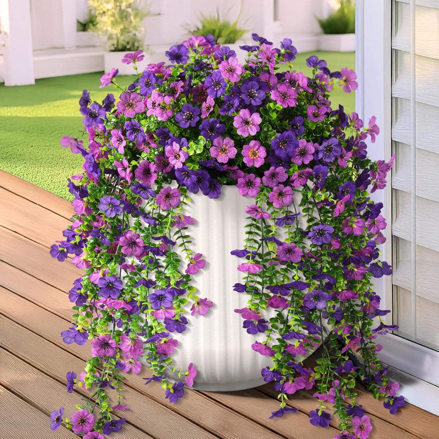 Artificial Hanging Flowers for Outdoors, 2 Pcs Fake Hanging Plant Spring Summer Decor, UV Resistant No Fade Faux Silk Daisy Flower for Planter Front Door Porch Patio Yard Garden(Double Purple)