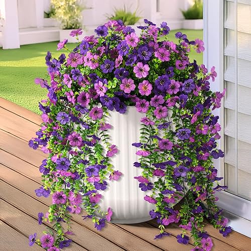 Artificial Hanging Flowers for Outdoors, 2 Pcs Fake Hanging Plant Spring Summer Decor, UV Resistant No Fade Faux Silk Daisy Flower for Planter Front Door Porch Patio Yard Garden(Double Purple)
