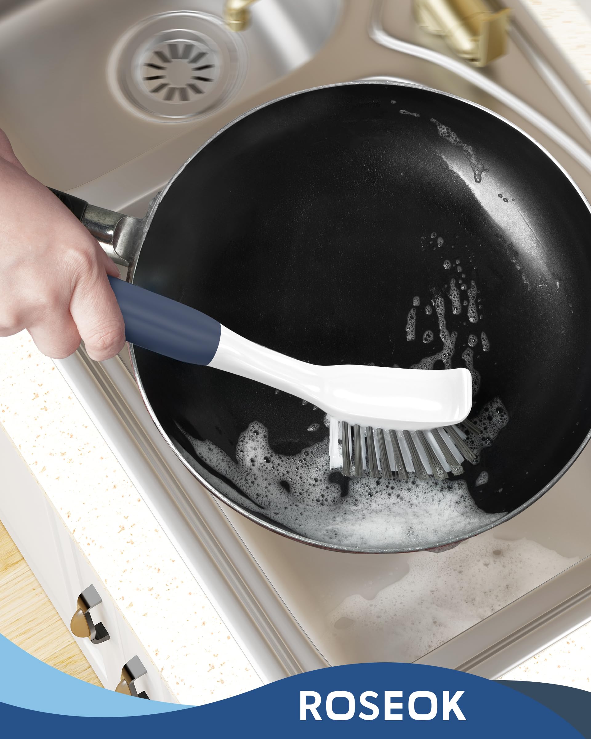 ROSEOK Paquete de 2 cepillos para platos de cocina con raspador para fregar manchas de alimentos, construido para limpiar platos, cocina, olla, fregadero, azul marino