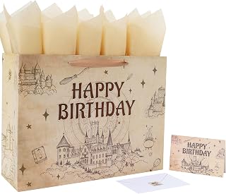 Qirrmiy 16.5" Extra Large Magical Birthday Gift Bag Set with Handles, Greeting Card, Tissue Papers and Stickers for Boys Girls Teens for Baby, Kids‘ Birthday Party, 1 Pcs