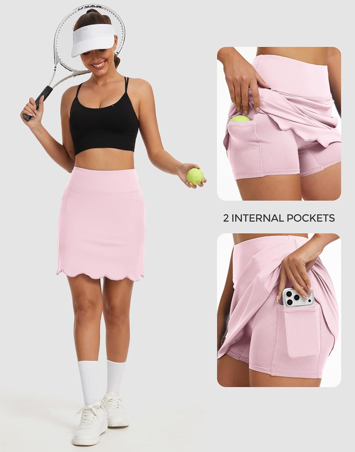 M MOTEEPI 18" Scalloped Hem Skorts for Women with 4 Pockets High Waist Golf Skort Tennis Athletic Workout Skirt