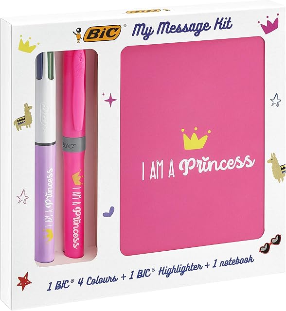 Bic My Message Kit Princess - Stationery Kit with 1 Ballpoint Pen 4 Colours/ 1 Highlighter Pink Grip/ 1 A6 White Notebook