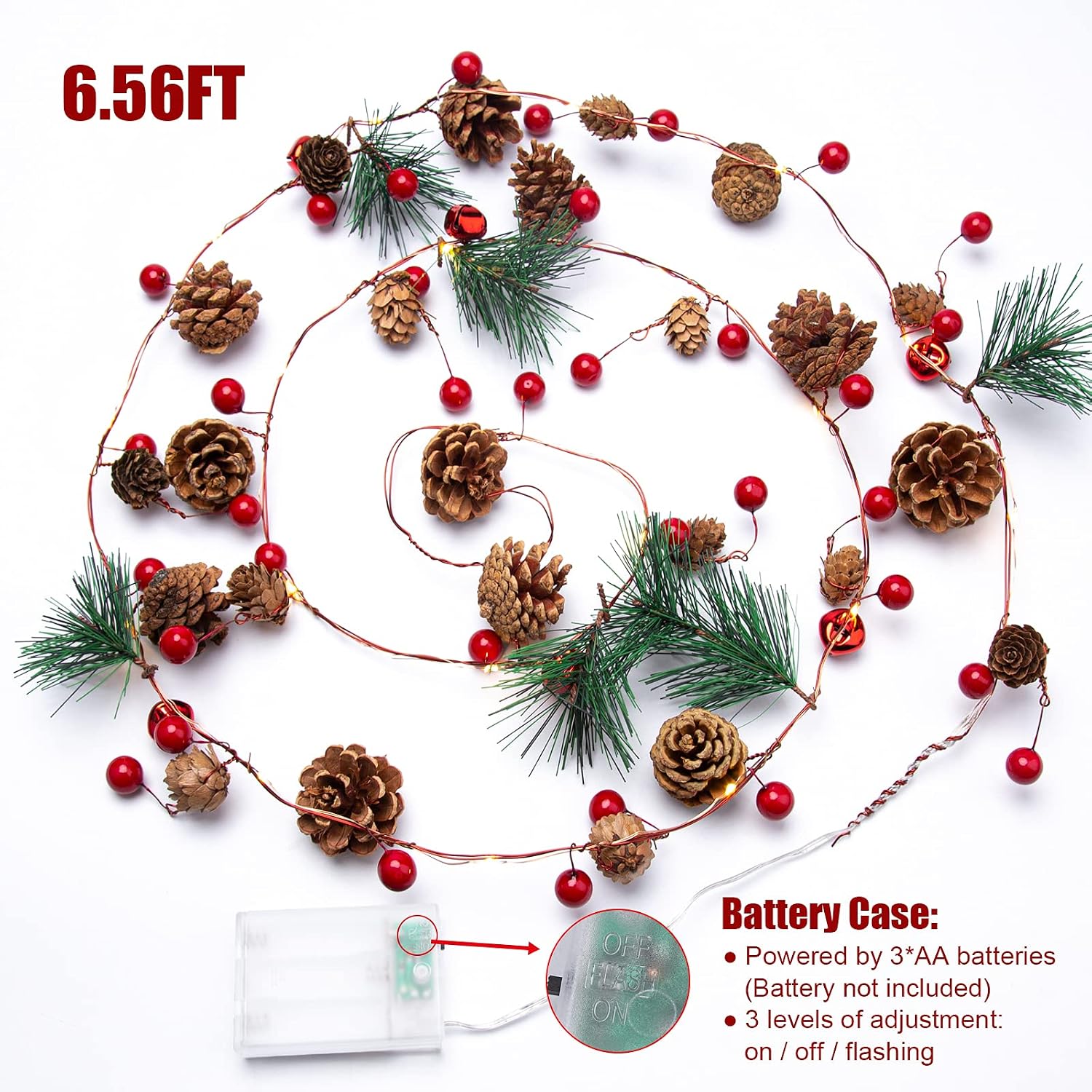 Artificial Christmas Garland with Lights - Battery Operated 6.56FT Prelit Garland with 20 LED Lights, Red Berries, Pine Cones, Pine Needles Decor for Xmas Tree Thanksgiving Home Fireplace Party