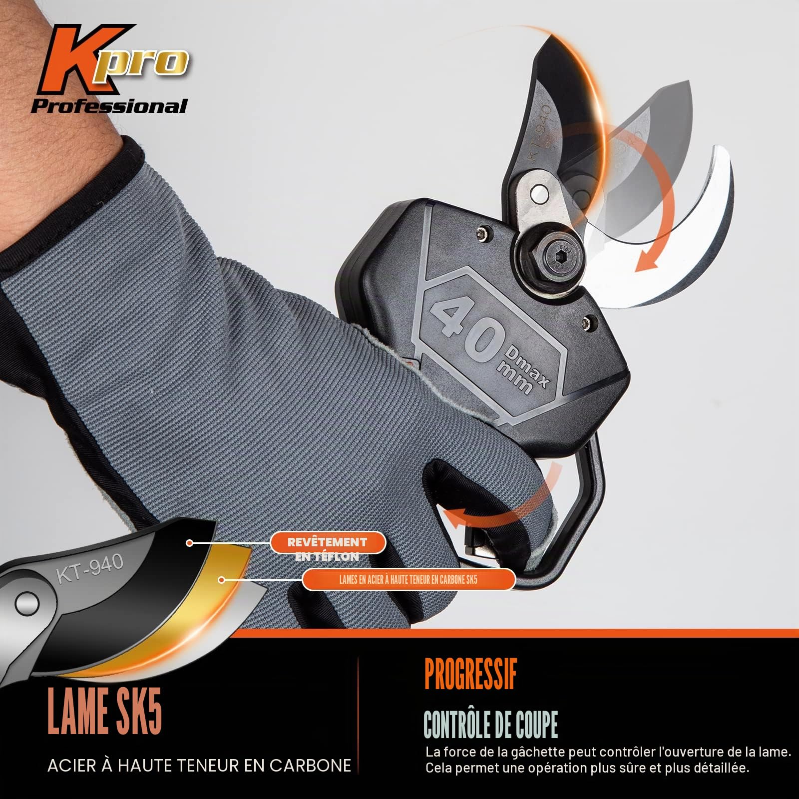 Kebtek Sécateur électrique sans fil de 40 mm avec tige d'extension, moteur sans balais 18 V, 2 Ah, batterie rechargeable, écran LCD (KT940-SET)