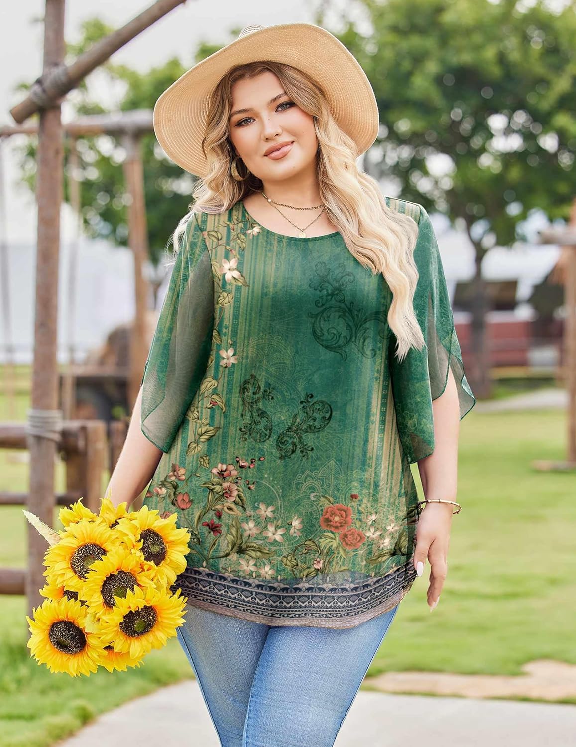 IN'VOLAND Plus Size 3/4 Sleeve Women Blouses Dressy Casual Double Layers Mesh Blouses Loose Fit Flowy Shirts - Image 3