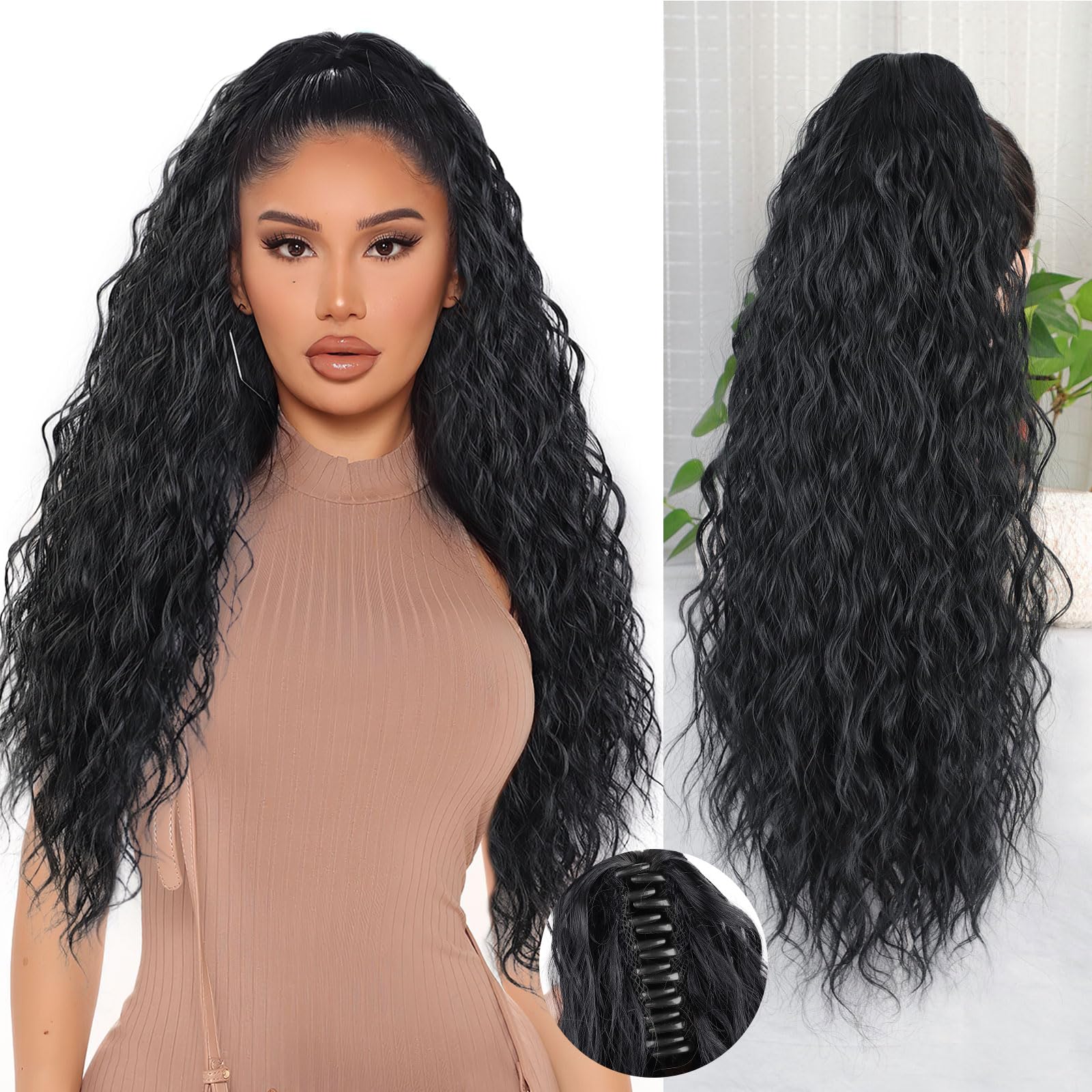 QGZ Claw Clip Ponytail Extension 26 inch Claw Clip in Ponytail Extensions for Women Long Wavy Curly Fluffy Pony Tails Hair Extensions Synthetic