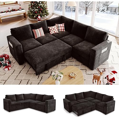 83.5" Sectional Sleeper Sofa with Pull Out Couch, Modern 5 Seat L Shaped Modular Couch, Sectionals Modular Sofa with Storage, Comfy Sectional Couches for Living Room & Apartment, Black