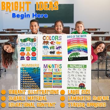 Fun Express Eric CarleBasic Skills Educational Wall PosterSet of 6 - ClassroomMust HavesforPreschool & KindergartenLearning Resources | ABC AlphabetNumbers ShapesColors Days & MonthsDecor