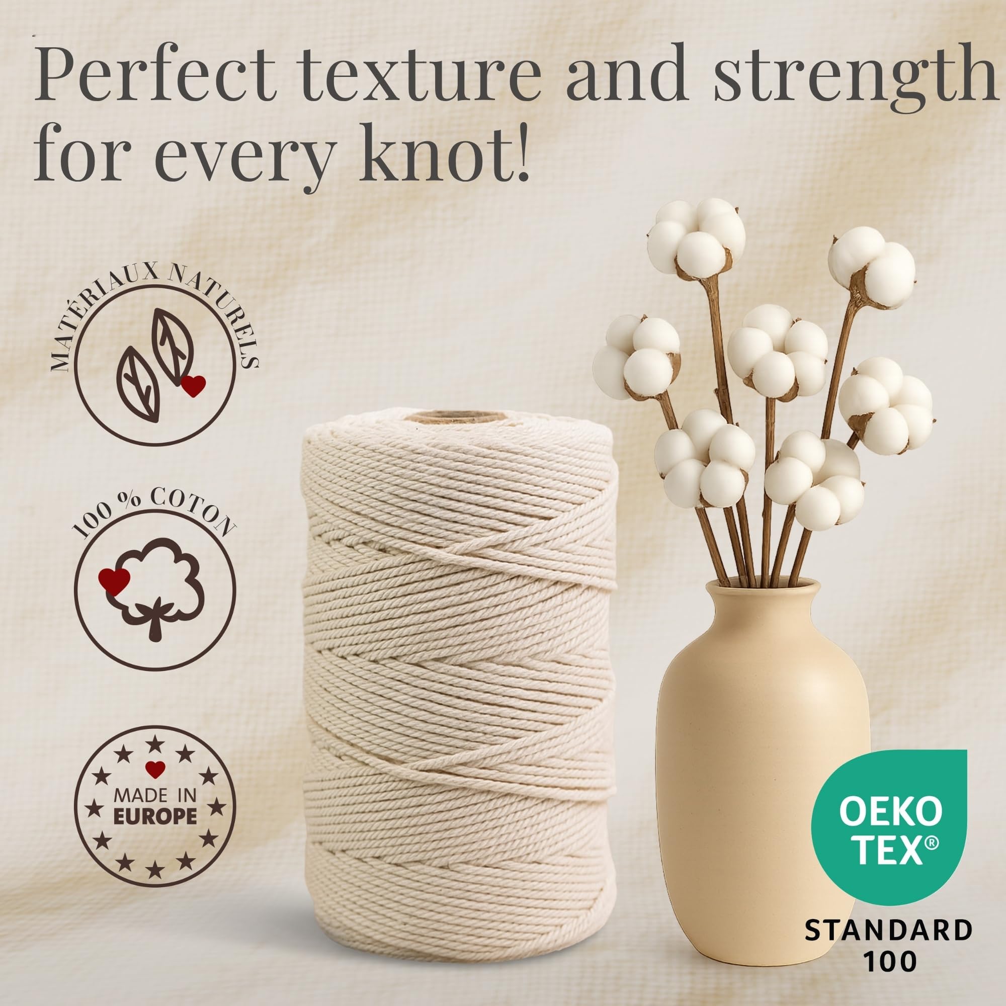 MeriWoolArt Fil De Coton Torsadé De Qualité Supérieure - Beige - 3 Mm X 200 M - Doux - Pour Bricolage, Décoration Bohème, Artisanat