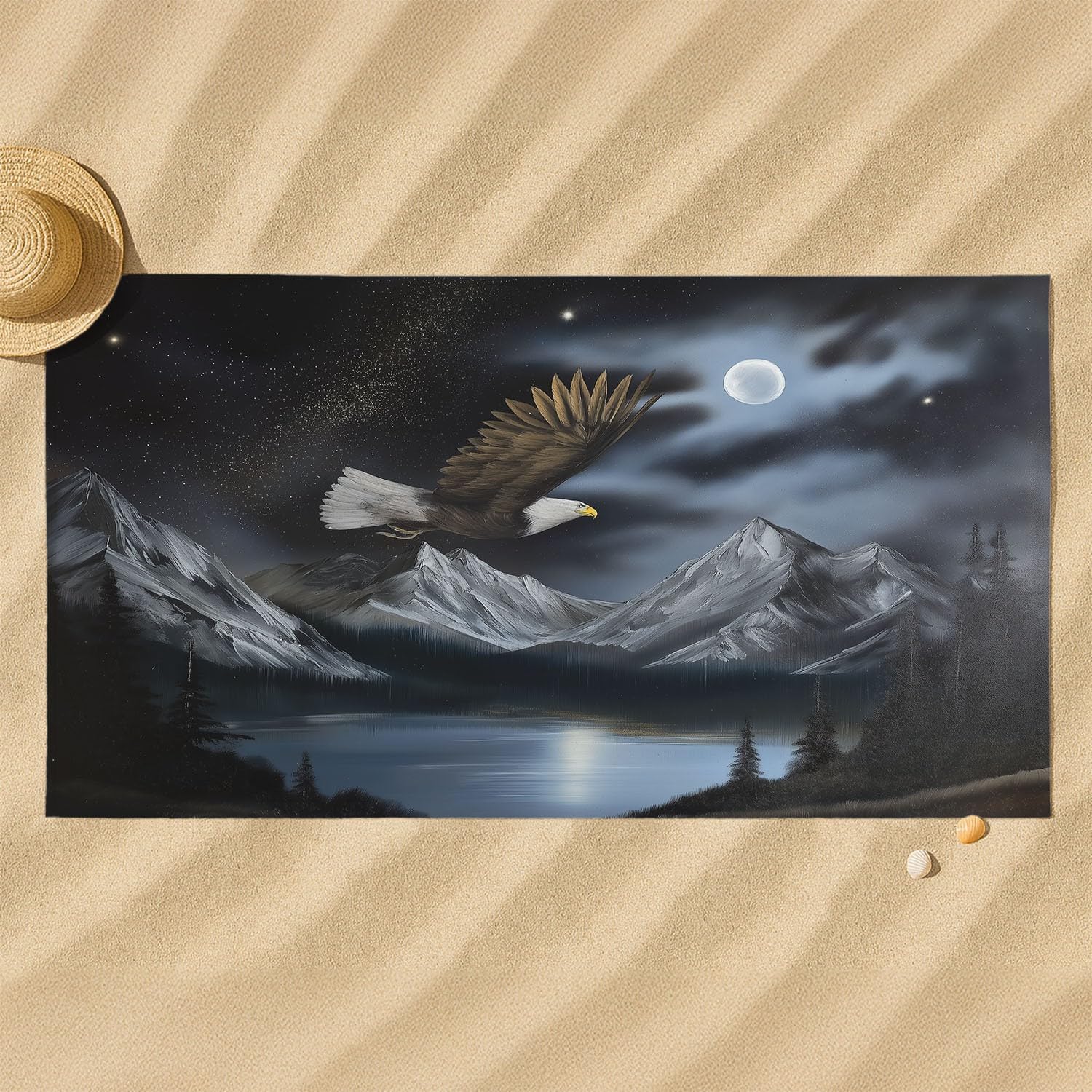 Microfaser Strandtuch 230 x 210 cm - Reisehandtuch Schnelltrocknend Seeadler Bergsee Wald Natur Strandtuch Großartig Realistisch Wild Amerikanisch für Campen, Picknick, Ausflüge