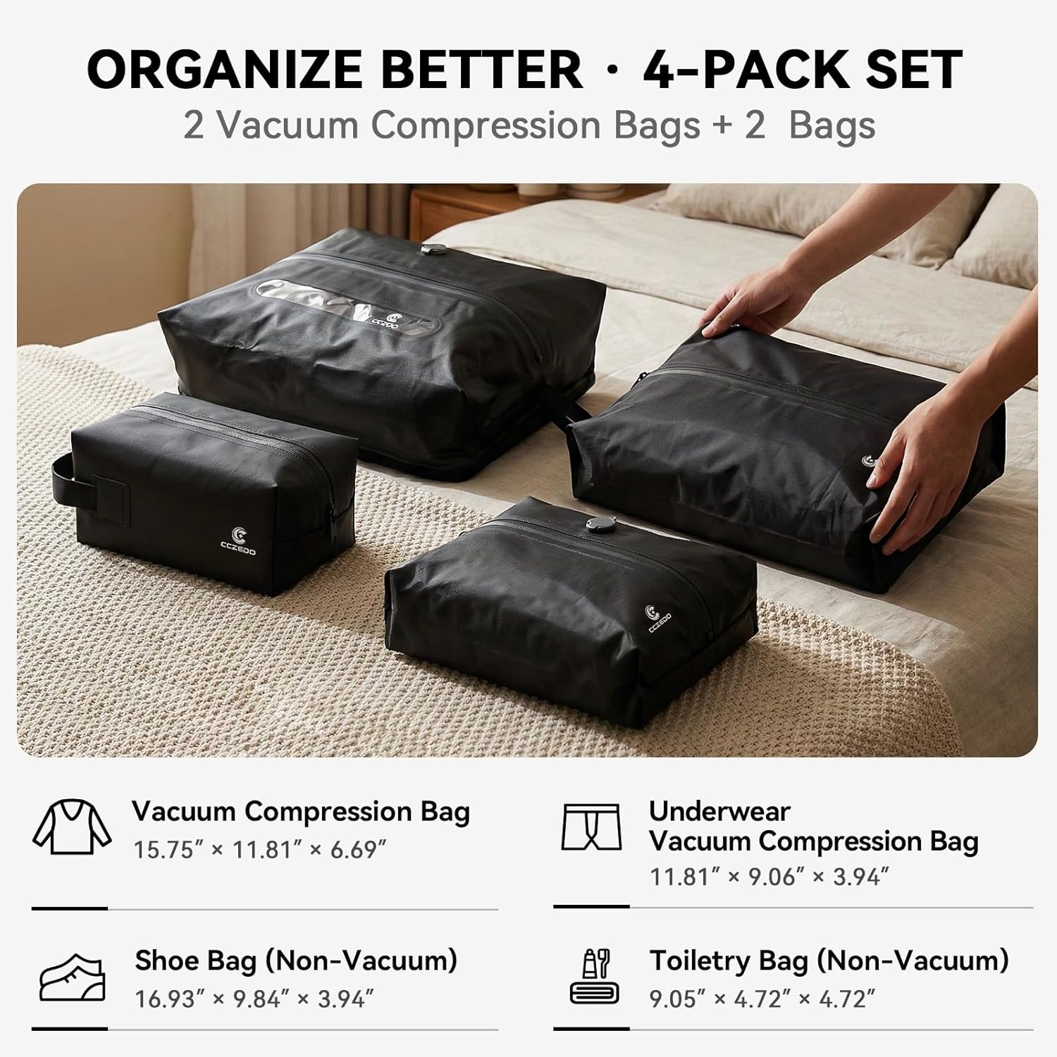 Vacuum Compression Packing Cubes with Electric Pump, 4-Pack Travel Organizer Set, Waterproof Packing Cubes with Airtight Zipper, Space-Saving for Carry-On, Clothes, Shoes & Toiletries