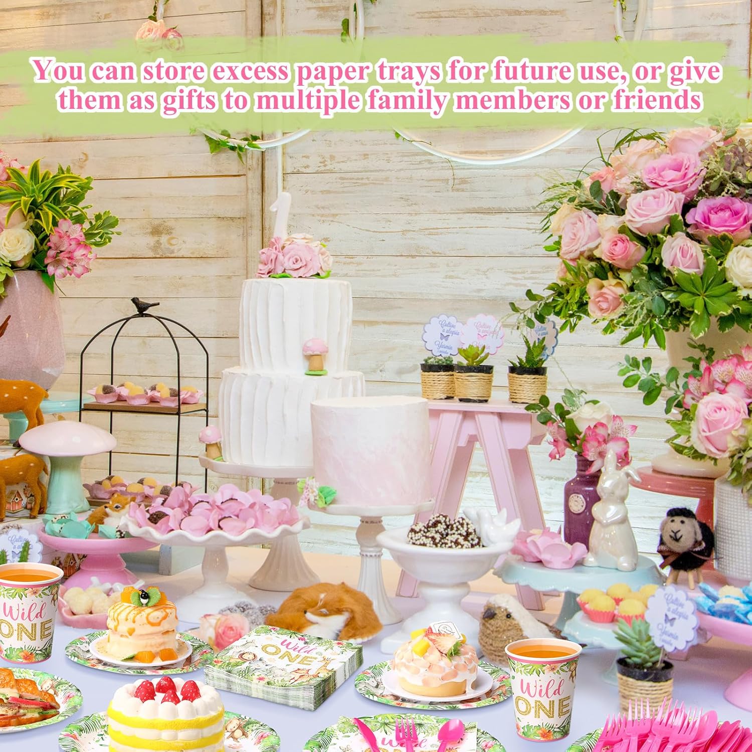 400 Pcs Wild One Birthday Party Supplies for 50 Guests 1st First Safari Jungle Baby Shower Disposable Plate Napkin Cup Spoon Fork Knives for Girls Animal Party Decoration