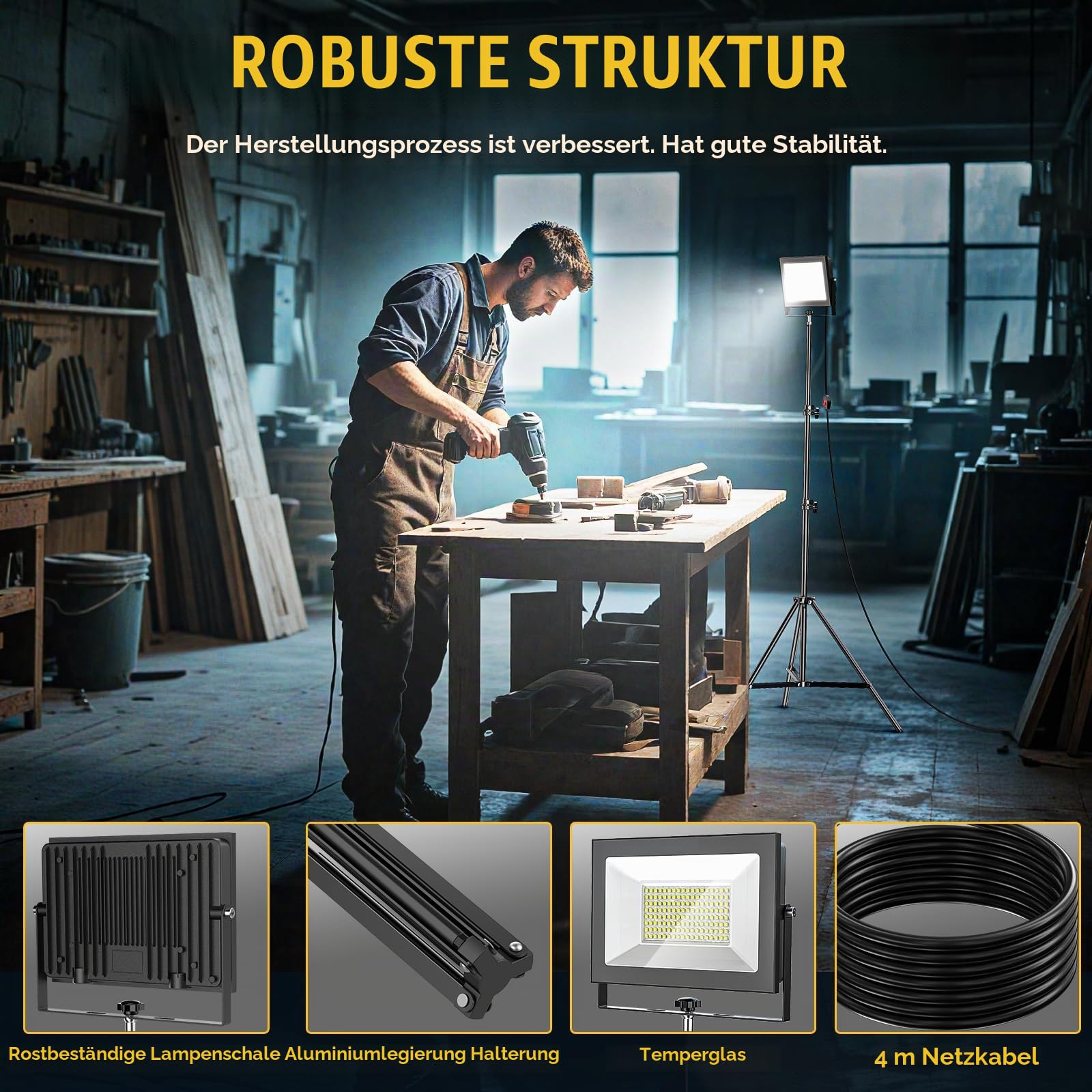 LIVOWALNY 2er-Set LED Baustrahler mit Stativ – 100W, 11000 Lumen, IP65 Wasserdicht, Verstellbarer Kopf – Tragbare Arbeitsleuchte für Außenbereich, Camping und Werkstatt (2er- Set)