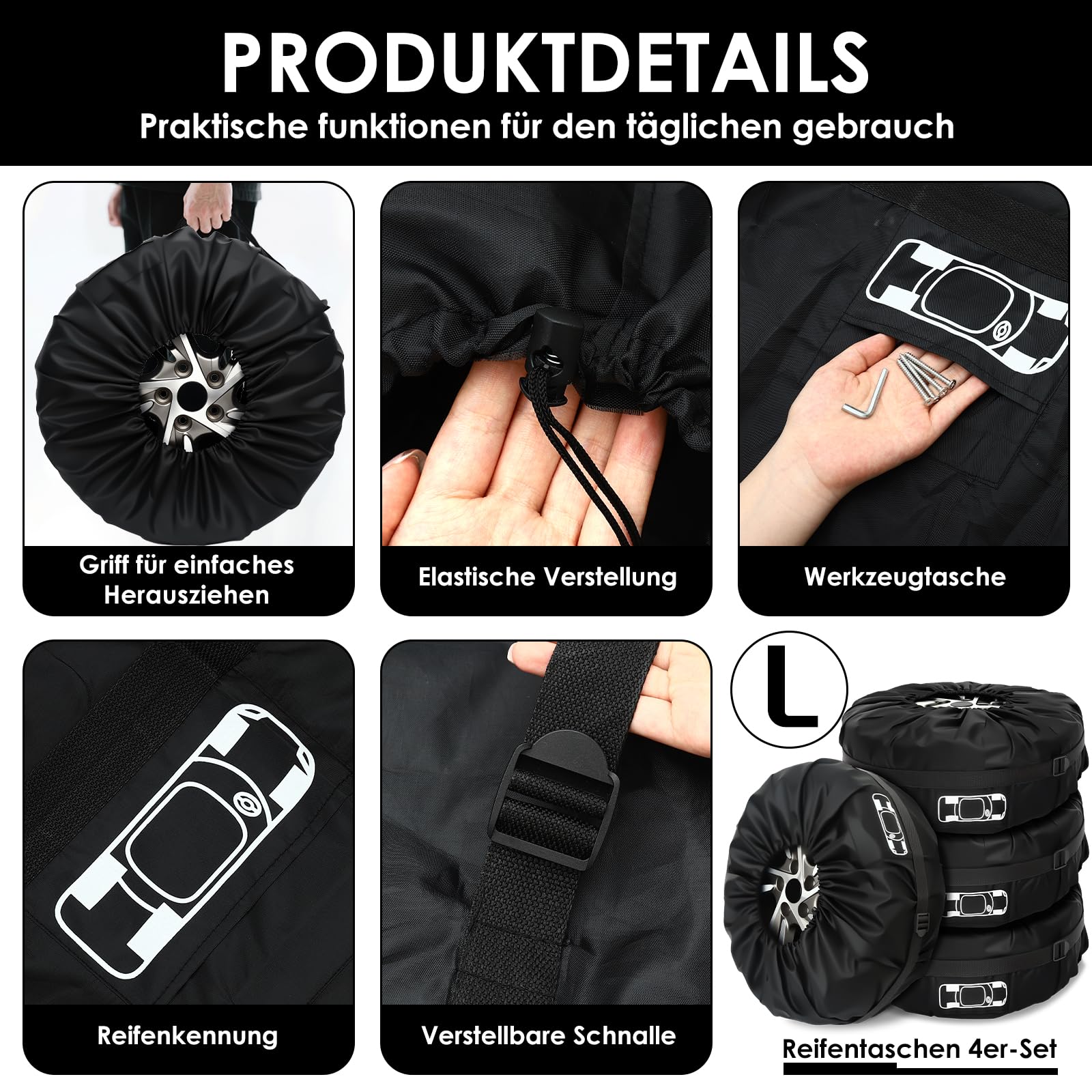 Gucass Lot de 4 housses de pneu de 19-23 pouces - Sacs étanches et housse de protection pour pneus - Pour le rangement et le transport des pneus - Protection UV - Noir - L (Ø 80 cm)