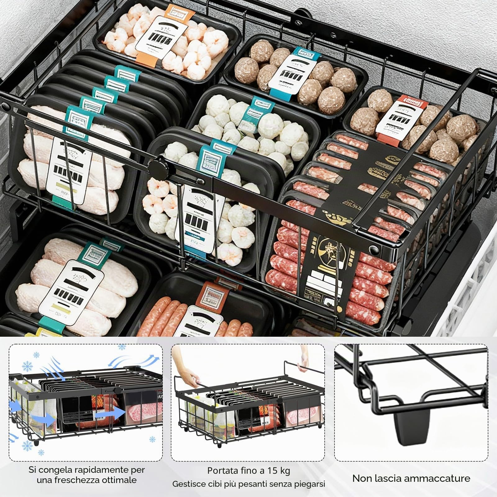 2 Pezzi Cestini Congelatore Espandibili, Organizzatore per Congelatore Impilabili con Maniglia, Cestini Congelatores in Metallo per 140L a 570L Congelatores, Organizzare Gli Ingredienti Congelati