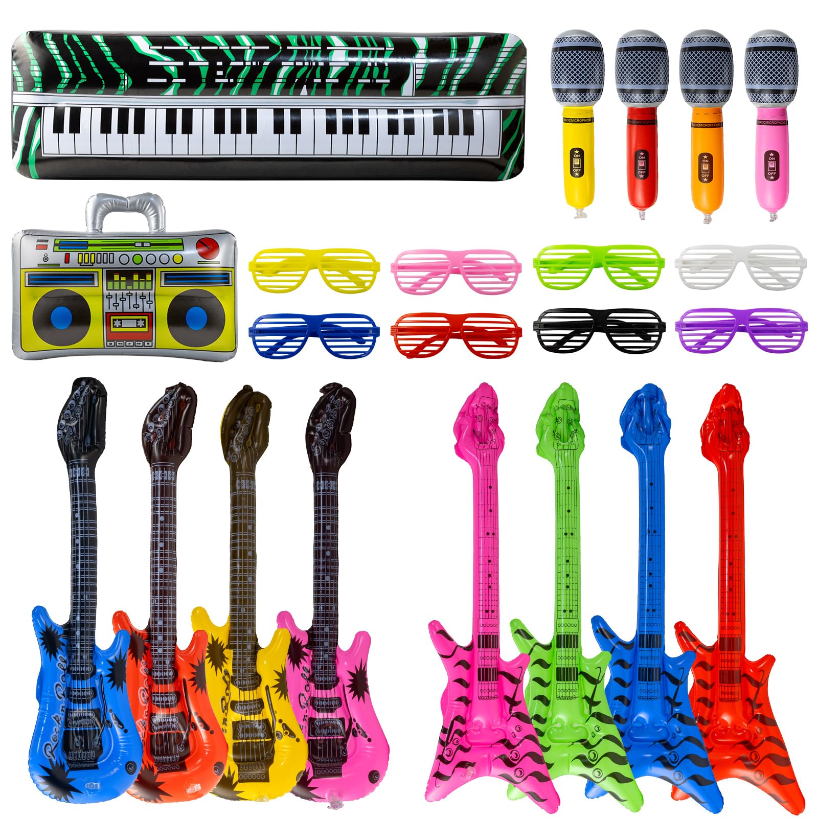 22PCS Inflatable Party Props Set, Inflate Guitar Bass Microphone, Radio Piano Glasses, 80s 90s Themed Inflatable Musical Instruments，for Disco Birthday Carnival Photo Booth Family Party Decoration