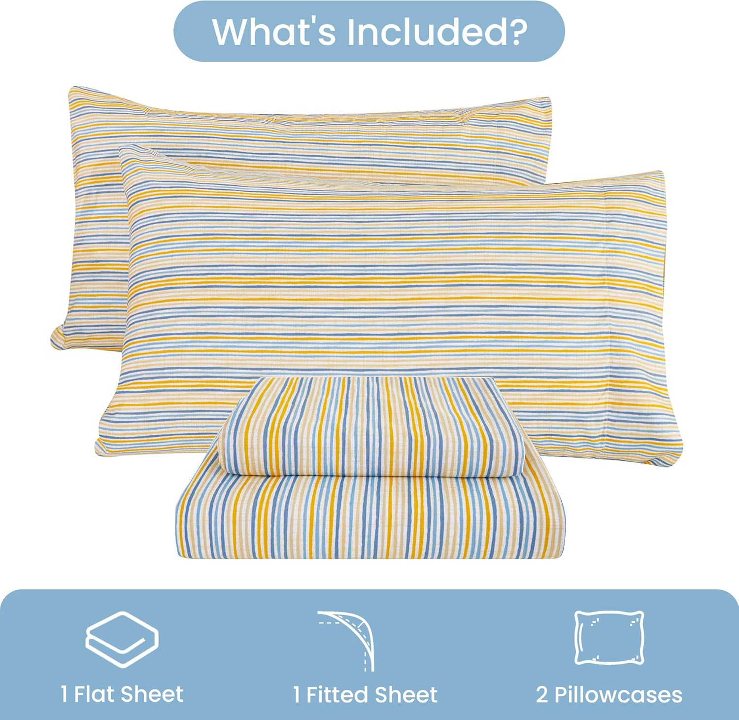 Mooreeke Striped Full Bed Sheets, Deep Pocket 4 Piece Full Sheet Set, Soft Microfiber Blue Yellow Pinstripe Bedding Sheets & Pillowcases - Image 2
