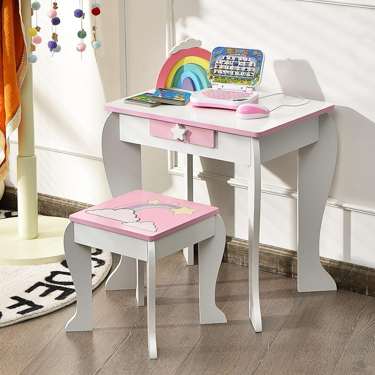 FANTASK Tocador Infantil con cajón y Espejo extraíble, tocador de Princesa con Taburete, tocador Rosa y Blanco para niñas de 3 a 7 años