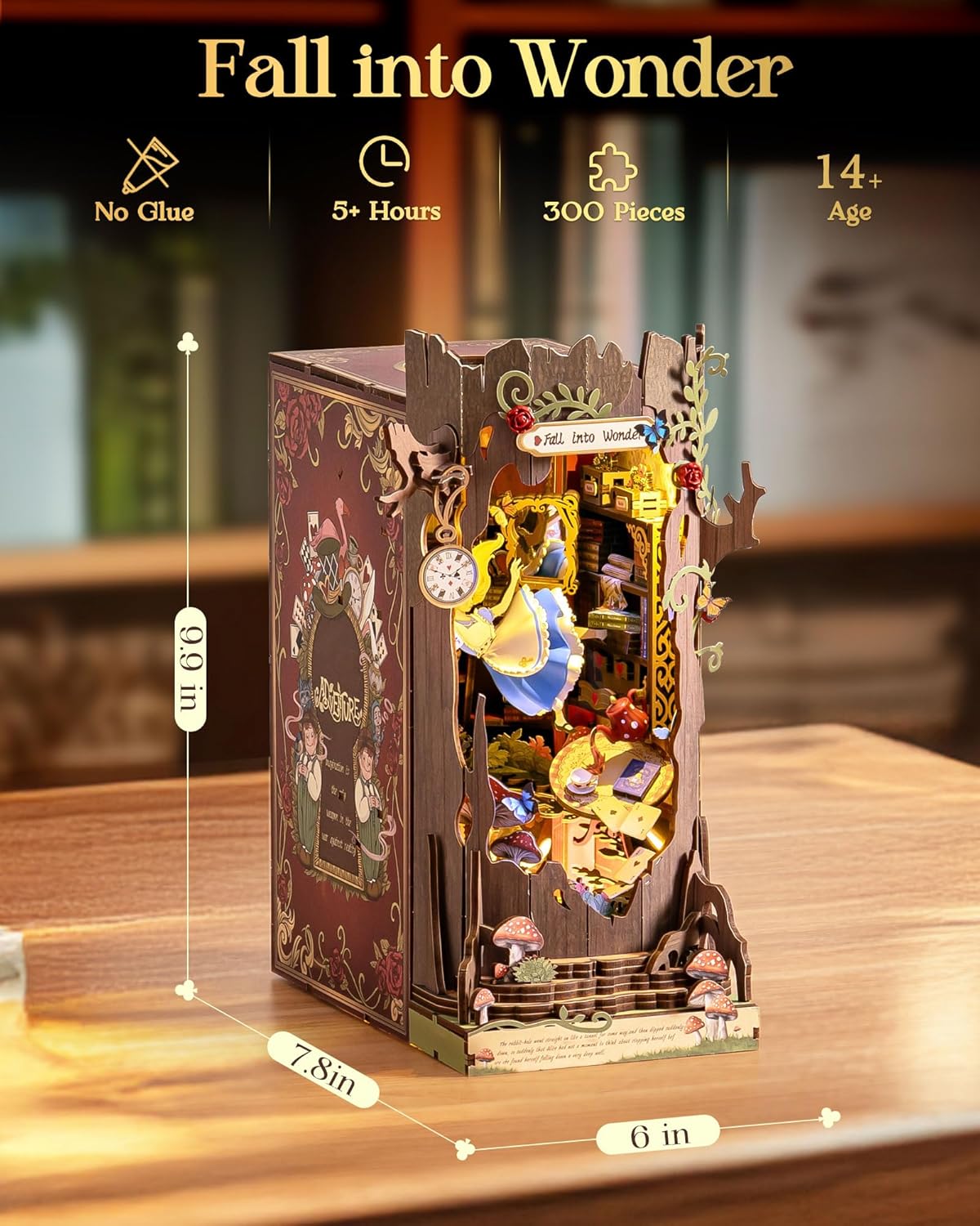 Rolife Book Nook Kit Fall into Wonder DIY Miniature Kit, 9.9" Tree Hollow Booknook 3D Wooden Puzzle with LEDs Fairy Tale Bookshelf Decor Gift for Adults Women Men - Image 6