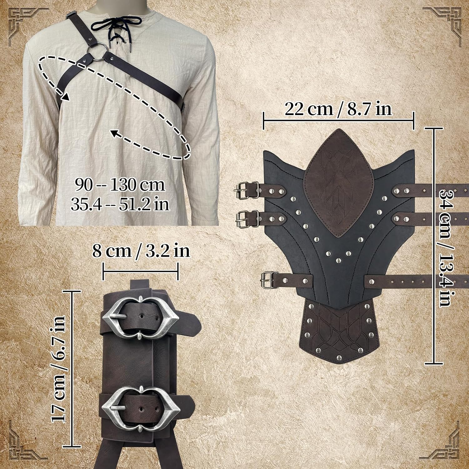 EpicCos 2 Pcs Medieval Faux Leather Back Sword Frog, Adjustable Sword Holster, Viking Embossed Fantasy Cosplay Wristguard