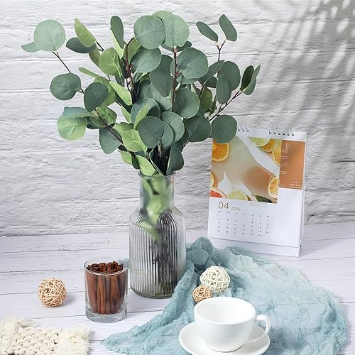 Miniatura 4 de 20 tallos artificiales de eucalipto a granel, hojas de dólar de plata de 23.6 pulgadas, decoración de plantas falsas de ramas de seda, ramas de