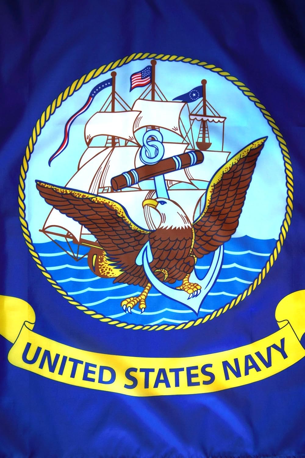 us navy 3x5 flag, polyester, double stitched edges, brass grommets, indoor/outdoor, free replacement warranty