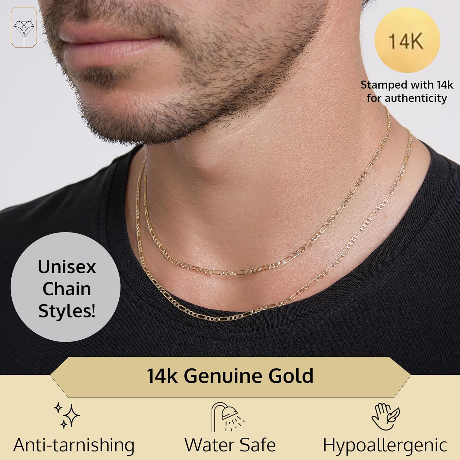 MAX + STONE Real 14K Gold Chain for Women & Men | 18 Inch or 20 Inch, Anti-Tarnishing, Hypoallergenic and Lightweight Chains with Secure Lobster Clasp in Various Designs - Image 2