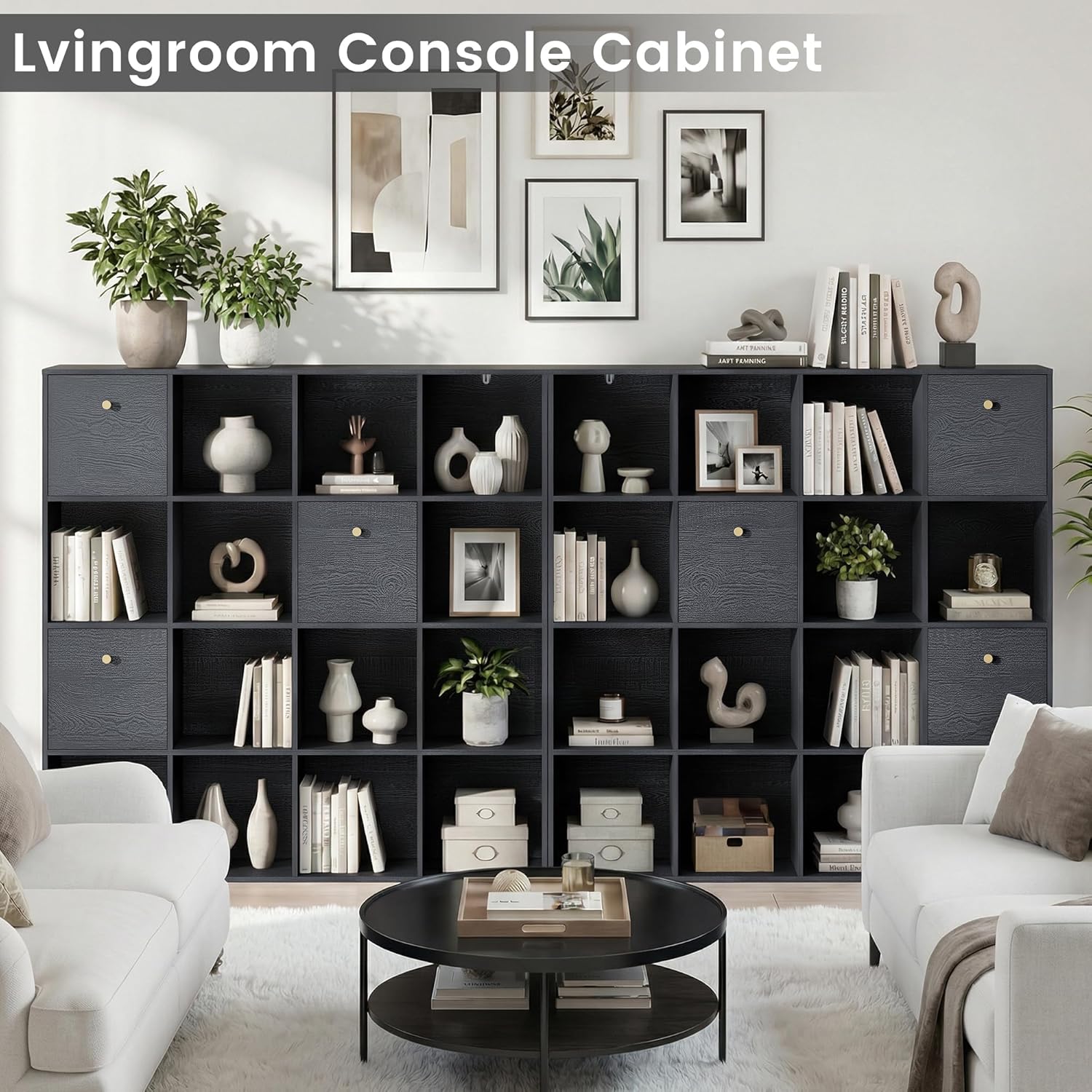 Black Cube Storage Organizer, 16 Open Cubes Bookshelf with 3 Storage Drawers, Freestanding Book Case for Living Room Bedroom, Wooden Cuby Shelves with Wood Grain Finish, 47” Wide Cubicle Shelf