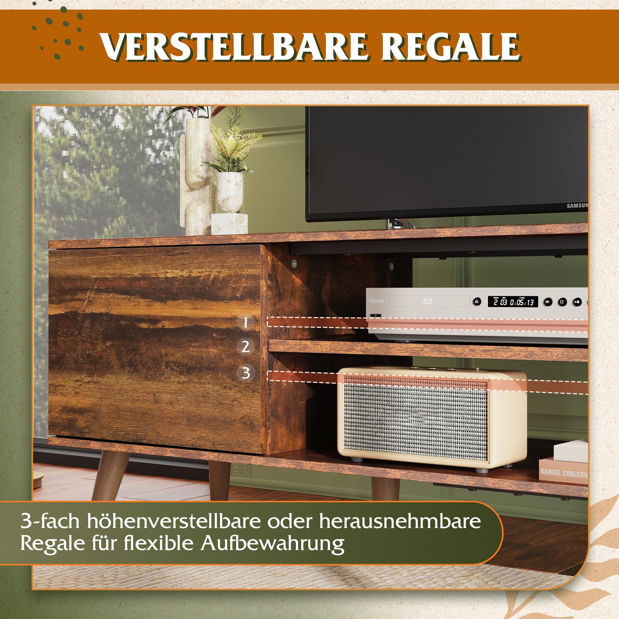 WLIVE TV Schrank 160 cm Lang, Lowboard Holz für Fernseher 60 65 70 Zoll, Fernsehtisch mit 2 Türen, Industrie-Design, TV Cabinet, Vintagebraun-schwarz